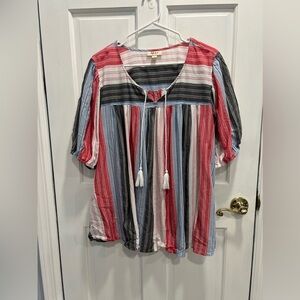 STYLE & CO Red White Black Blue Striped Peasant Blouse Sz LARGE Womens PreLoved